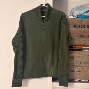 Cherokee Olive Green Fleece Zip-Up Sweater with Knit Sleeves Size Large